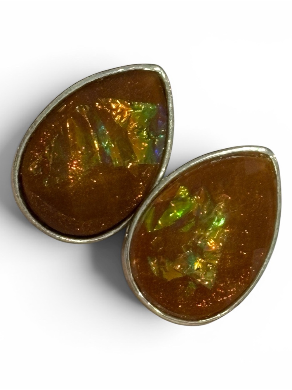 Vintage Amber Tone Iridescent Teardrop Statement Clip-On Earrings Retro Boho